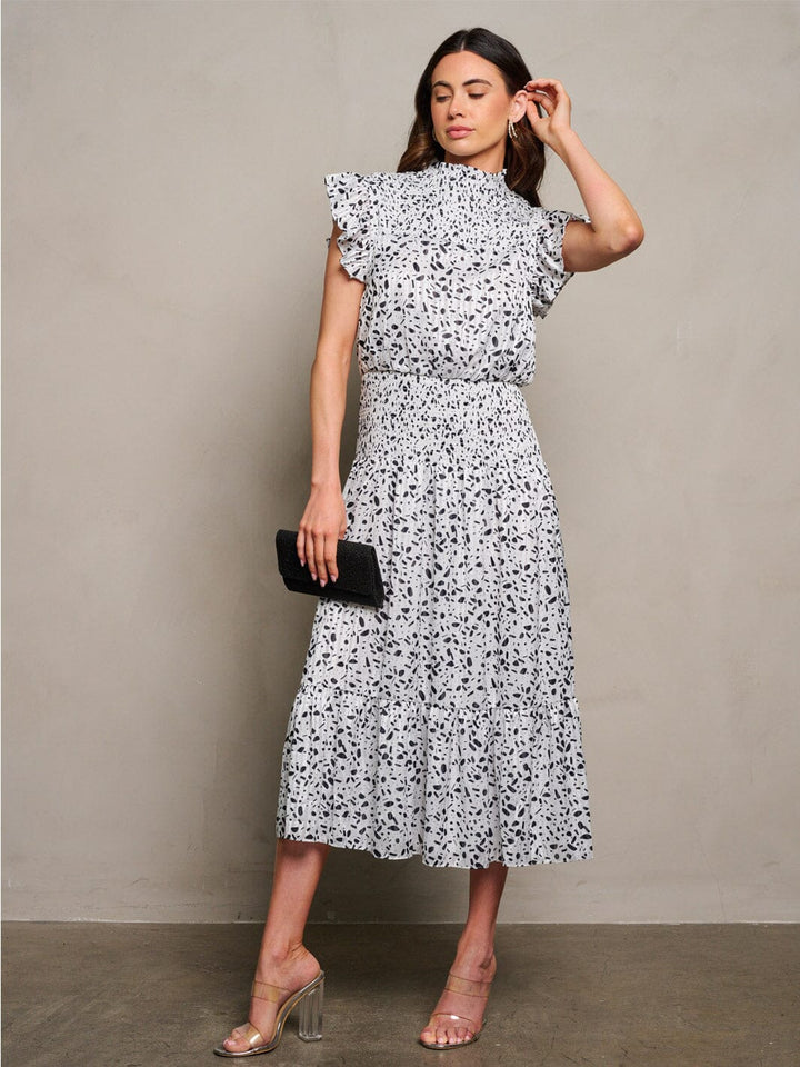 WOMEN'S RUFFLE SLEEVE MOCK NECK SMOCK PRINT MIDI DRESS