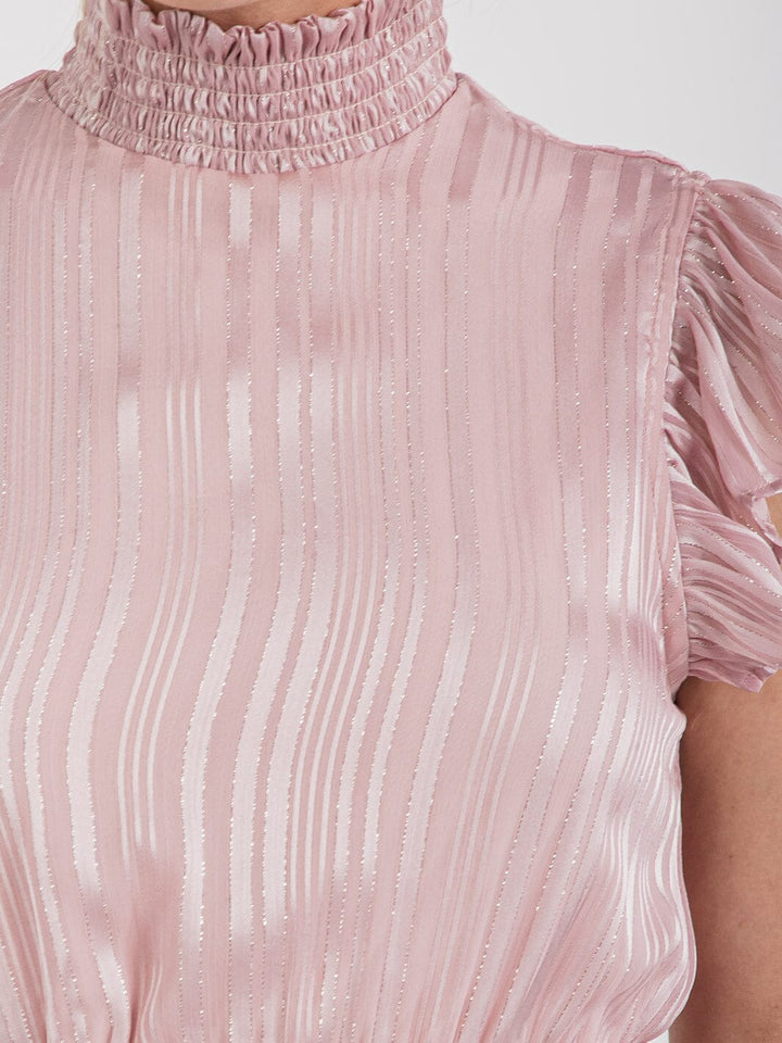 WOMEN'S RUFFLE SLEEVE TIERED SMOCK WAIST SHIMMER MINI DRESS