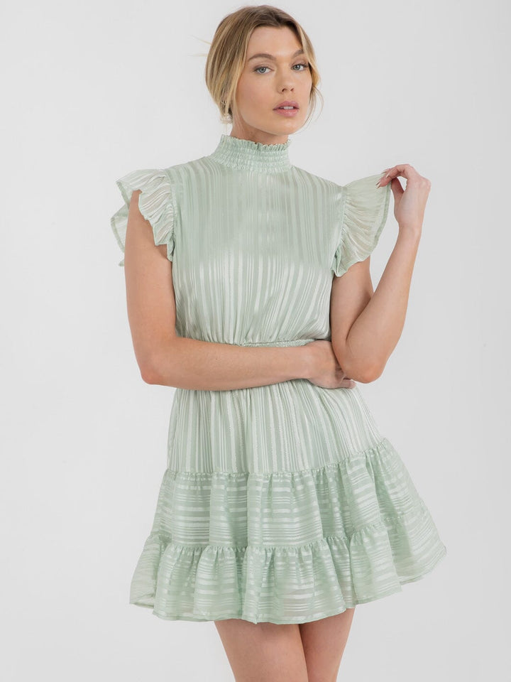 WOMEN'S RUFFLE SLEEVE TIERED SMOCK WAIST SHIMMER MINI DRESS