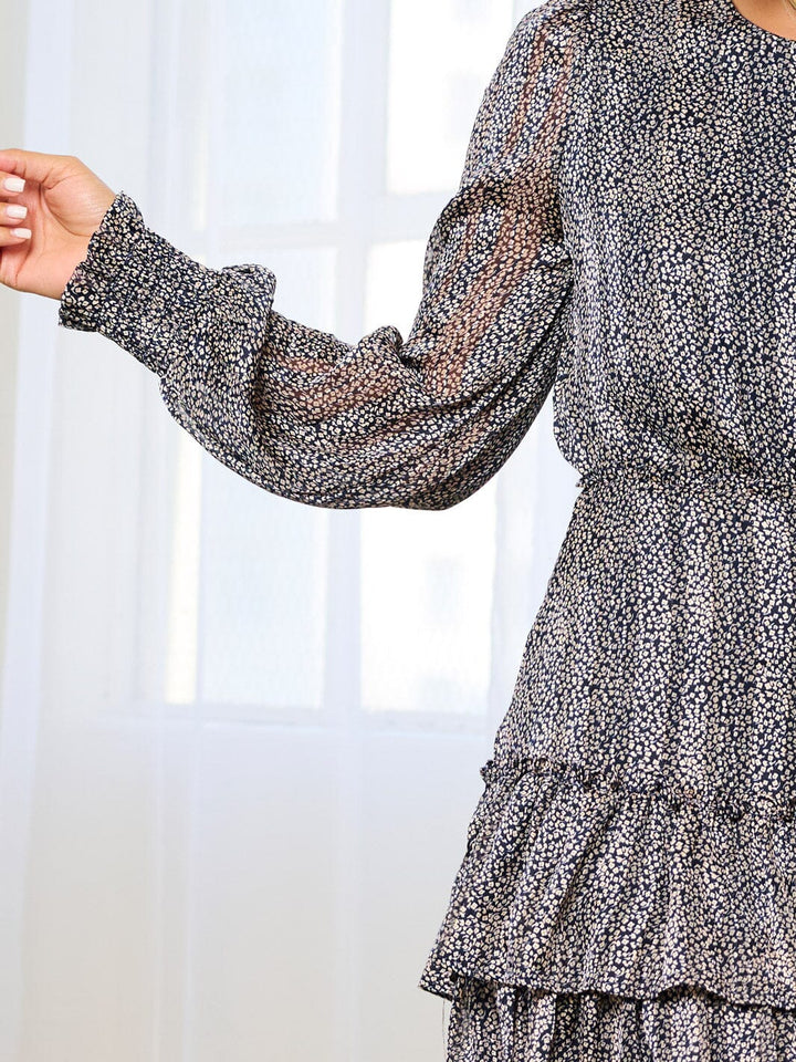 WOMEN'S LONG SLEEVE TIERED RUFFLE DITSY FLORAL MINI DRESS