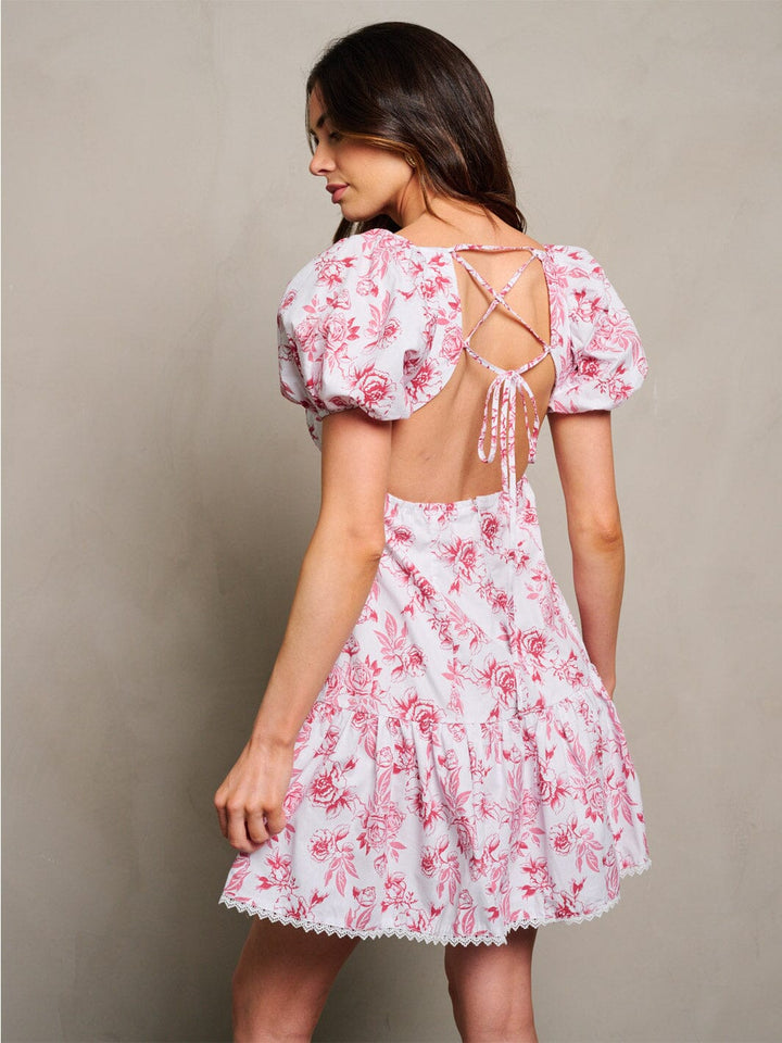 WOMEN'S SHORT PUFF SLEEVE BACK LACE UP FLORAL MINI DRESS