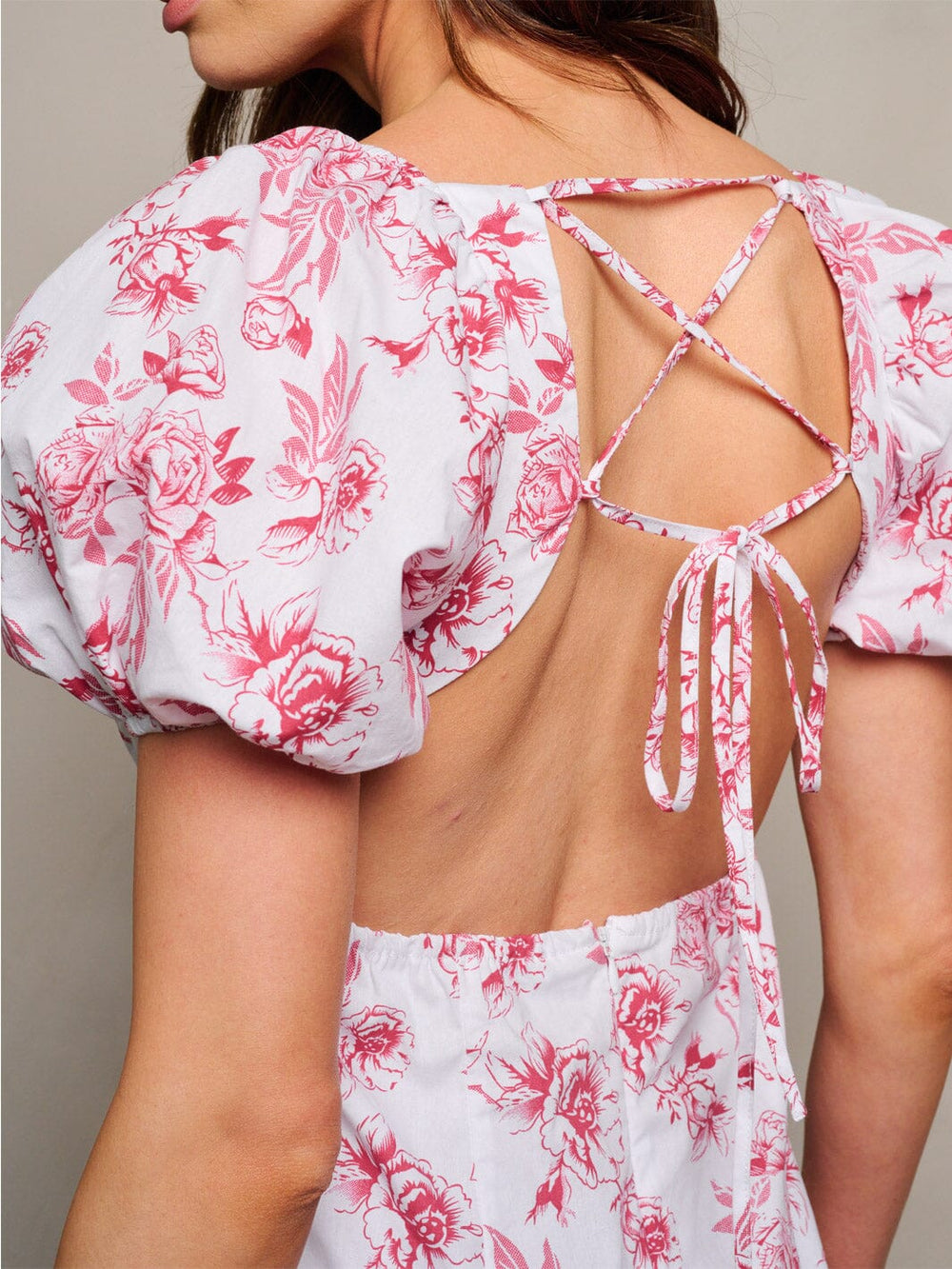 WOMEN'S SHORT PUFF SLEEVE BACK LACE UP FLORAL MINI DRESS