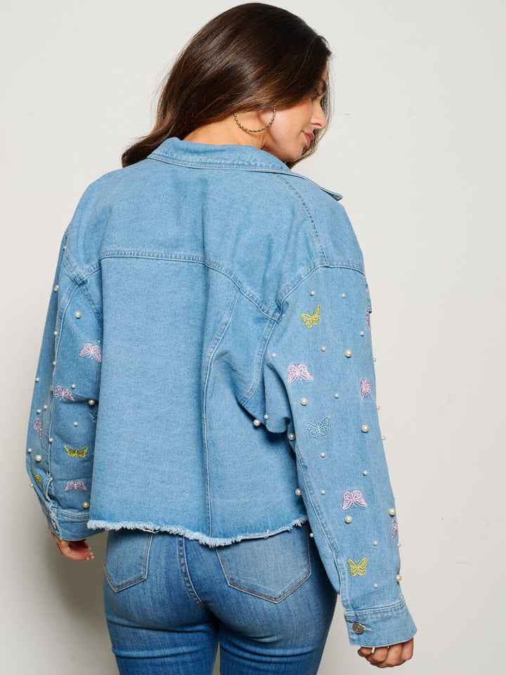WOMEN'S LONG SLEEVE BUTTON CLOSURE BUTTERFLY PEARLS DENIM JACKET