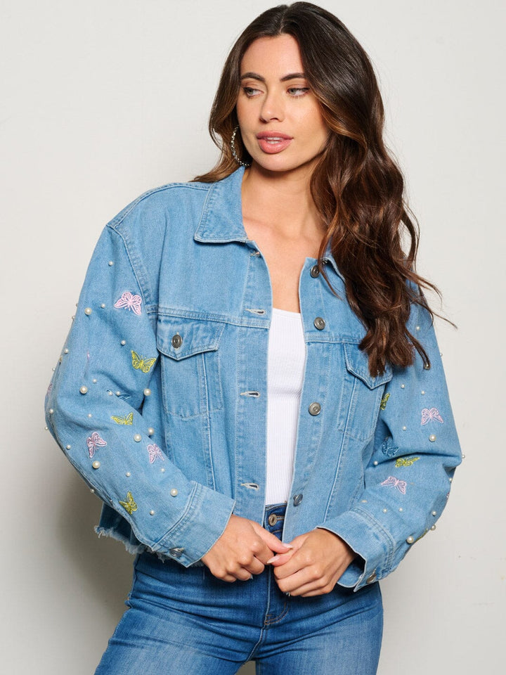 WOMEN'S LONG SLEEVE BUTTON CLOSURE BUTTERFLY PEARLS DENIM JACKET