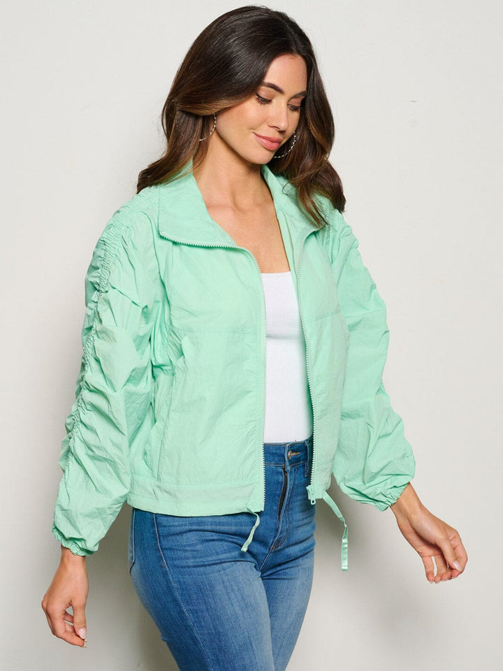 WOMEN'S LONG SLEEVE RUCHED POCKETS ZIP UP JACKET