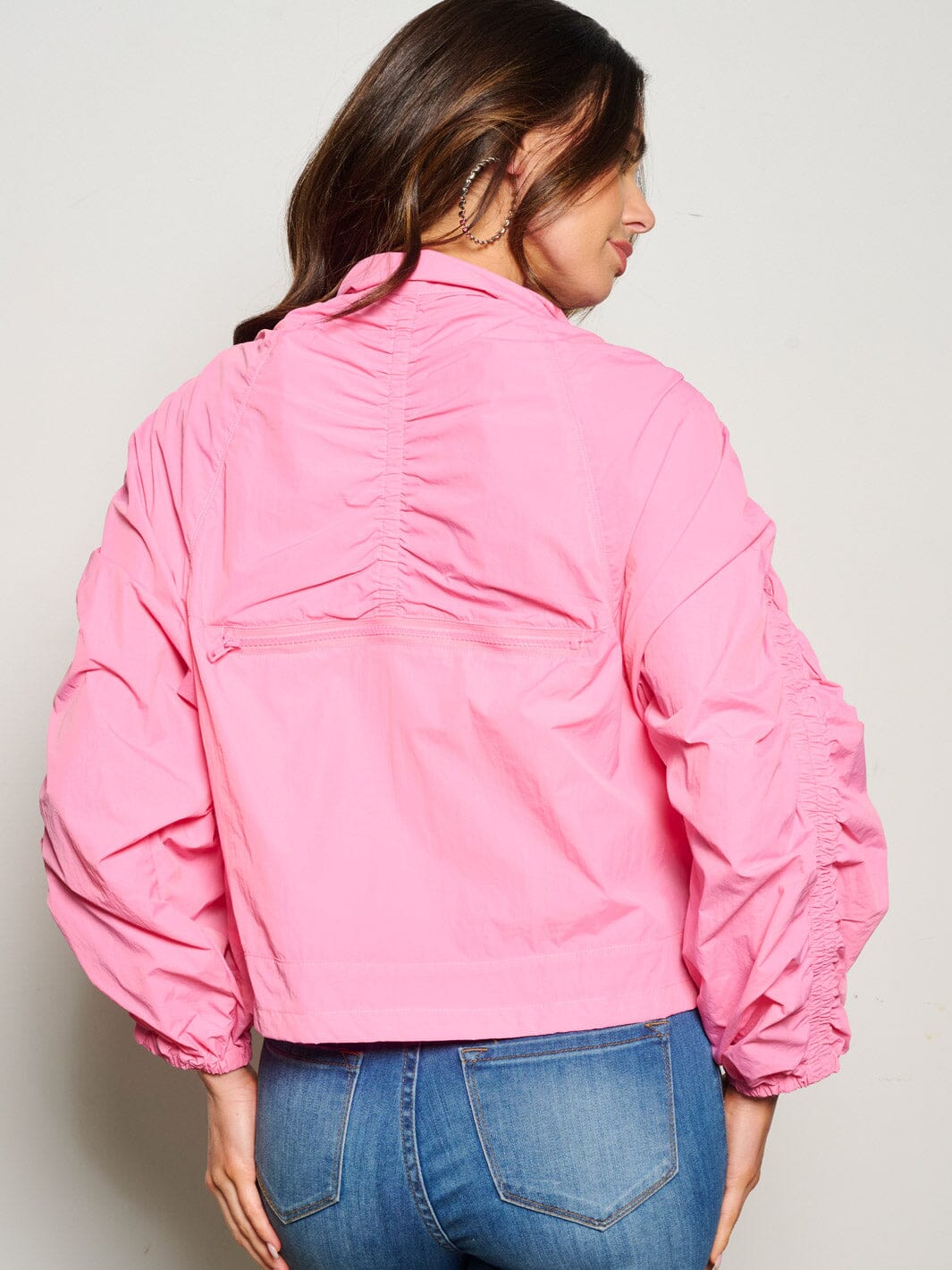 WOMEN'S LONG SLEEVE RUCHED POCKETS ZIP UP JACKET