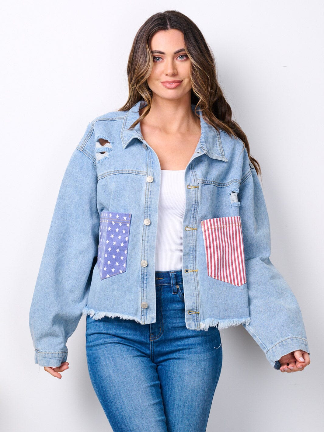 WOMEN'S LONG SLEEVE BUTTON UP AMERICAN FLAG DENIM JACKET