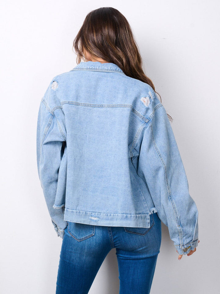 WOMEN'S LONG SLEEVE BUTTON UP AMERICAN FLAG DENIM JACKET