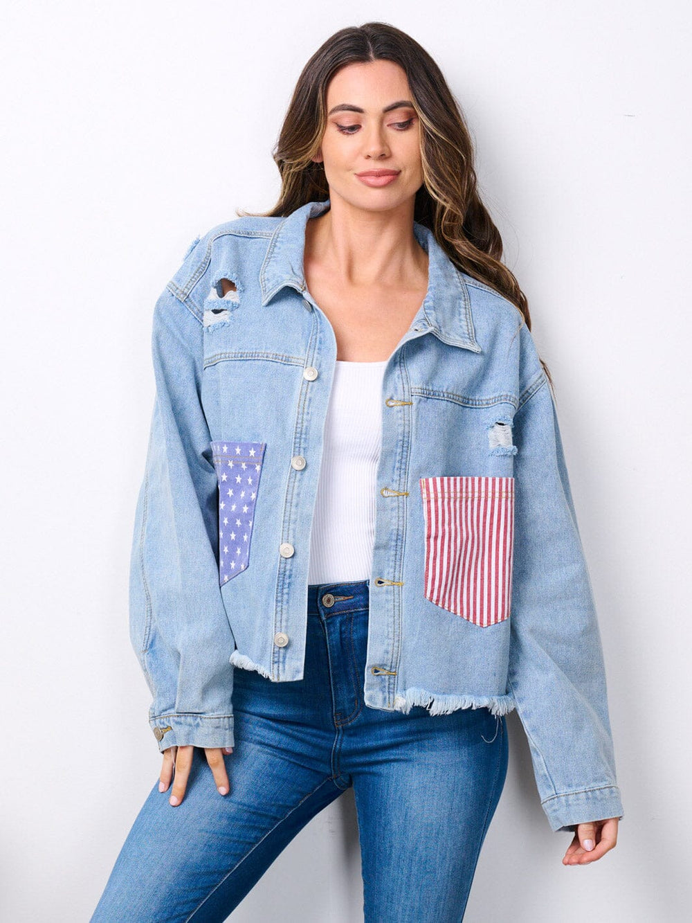 WOMEN'S LONG SLEEVE BUTTON UP AMERICAN FLAG DENIM JACKET