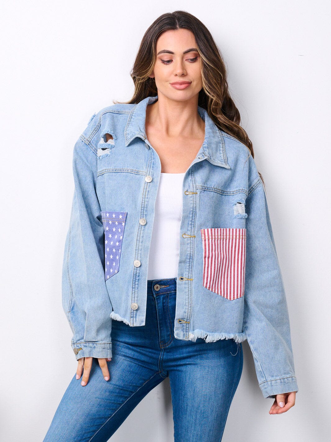 WOMEN'S LONG SLEEVE BUTTON UP AMERICAN FLAG DENIM JACKET