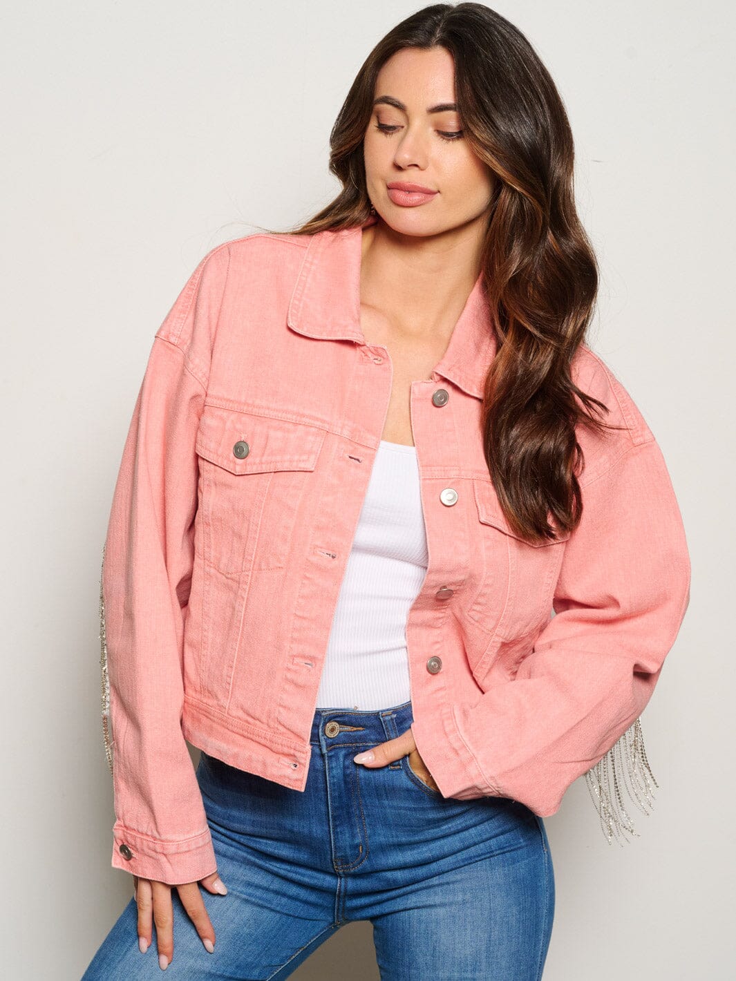 WOMEN'S LONG SLEEVE BUTTON CLOSURE STUDS FRINGE DENIM JACKET
