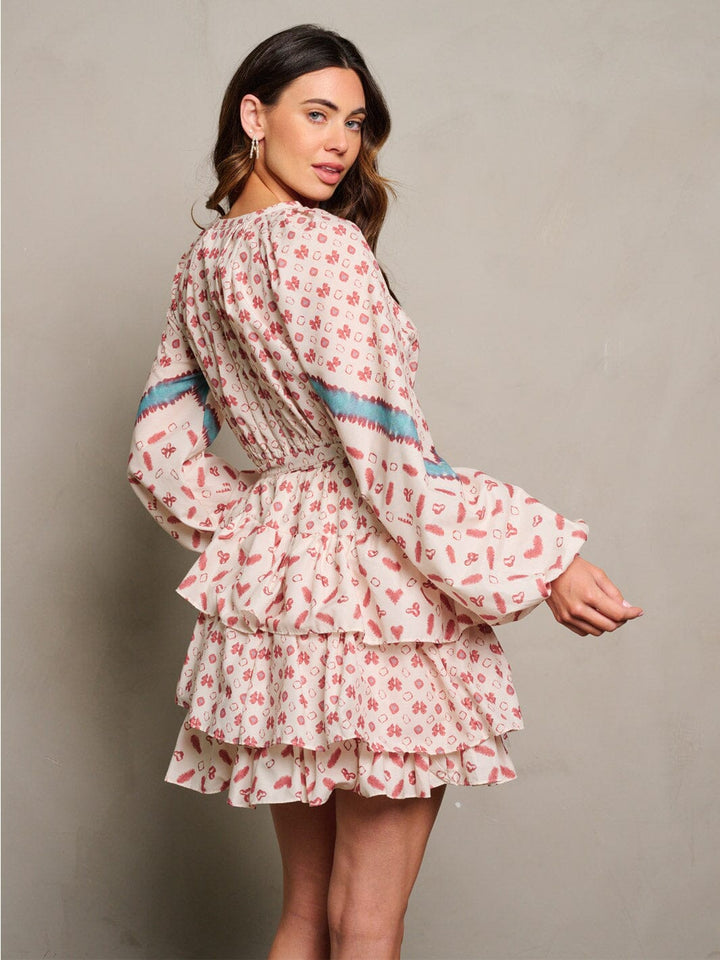 WOMEN'S LONG SLEEVE V-NECK RUFFLE TIERED MULTI PRINT MINI DRESS