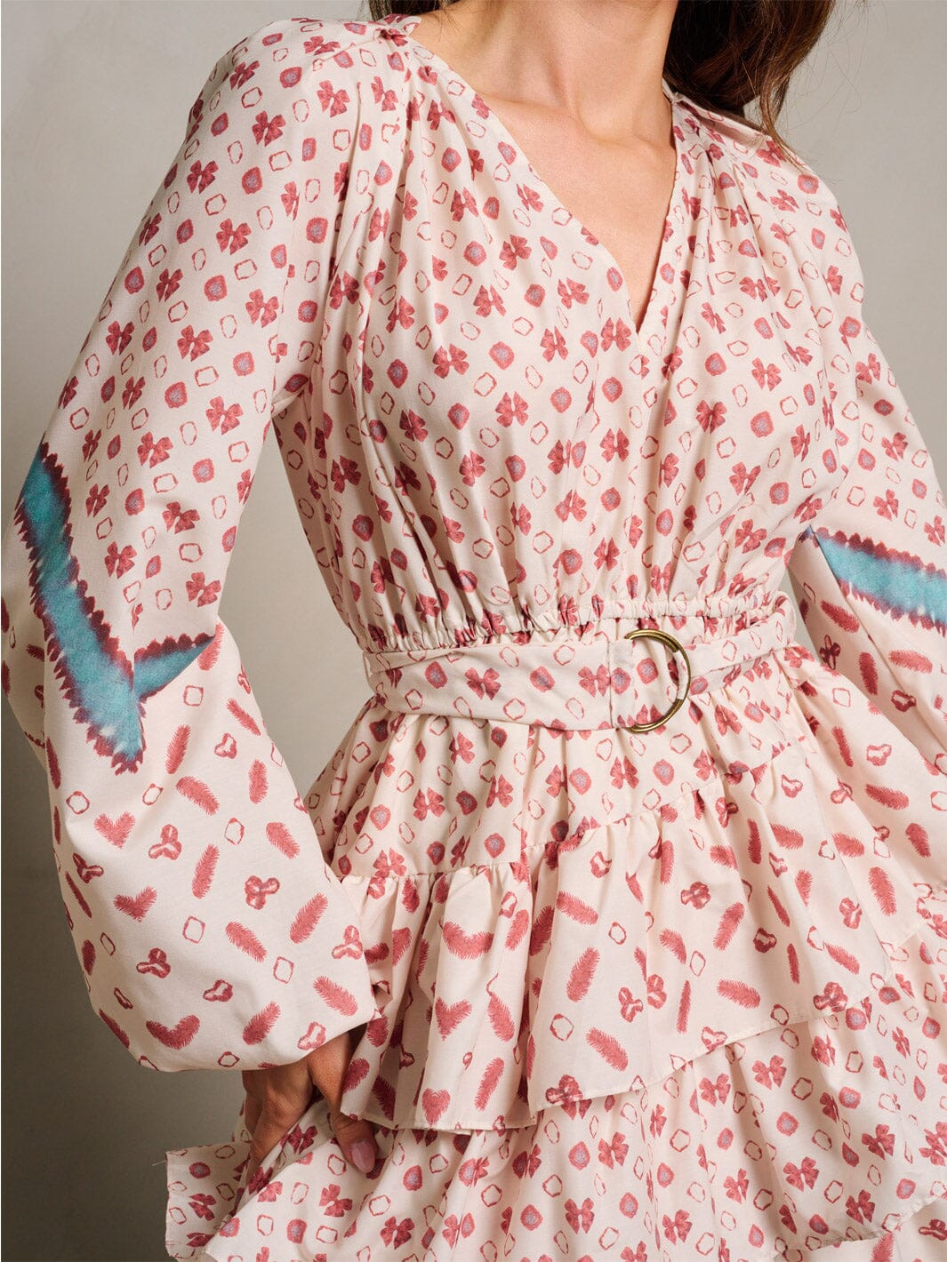 WOMEN'S LONG SLEEVE V-NECK RUFFLE TIERED MULTI PRINT MINI DRESS