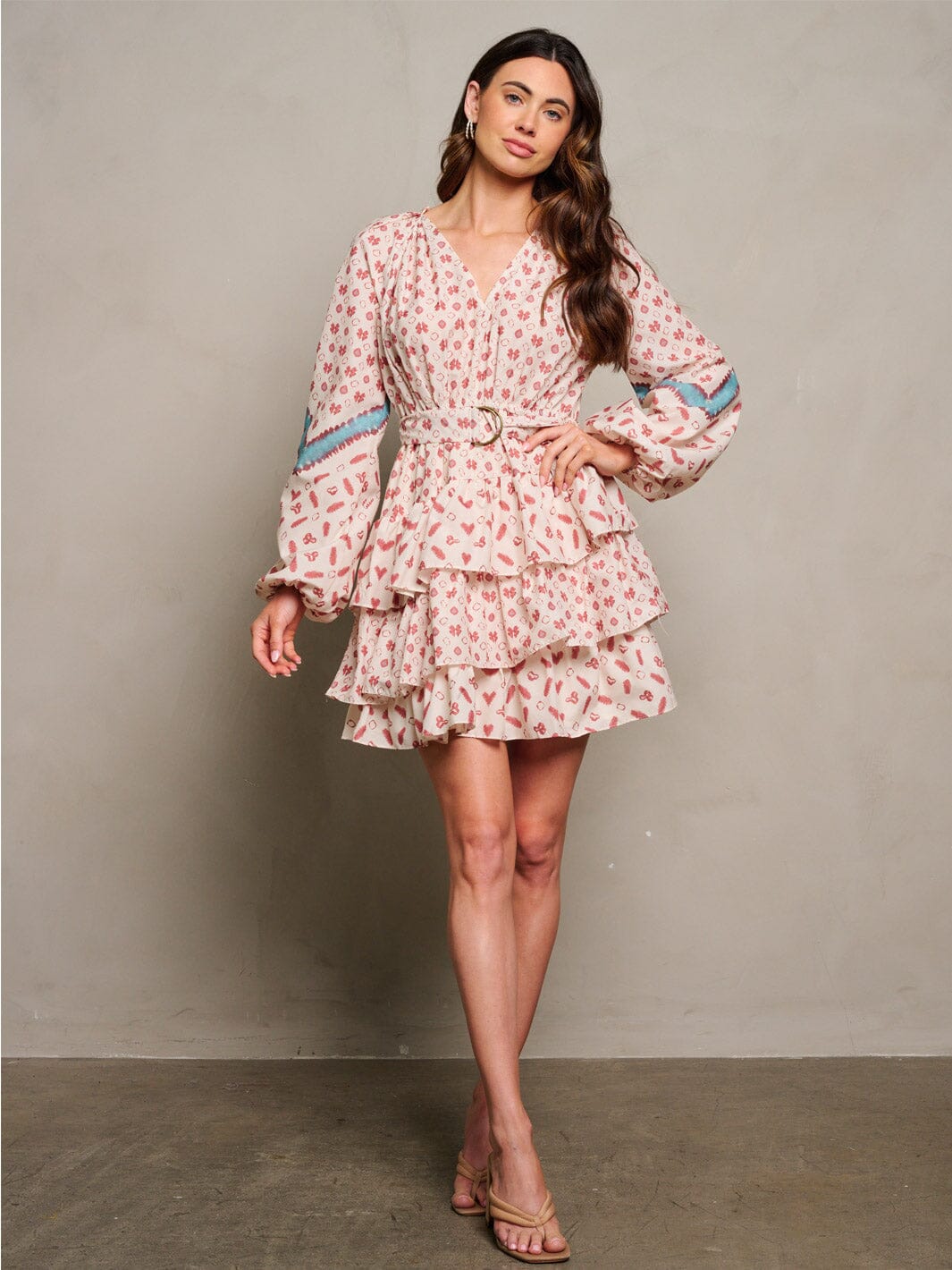 WOMEN'S LONG SLEEVE V-NECK RUFFLE TIERED MULTI PRINT MINI DRESS
