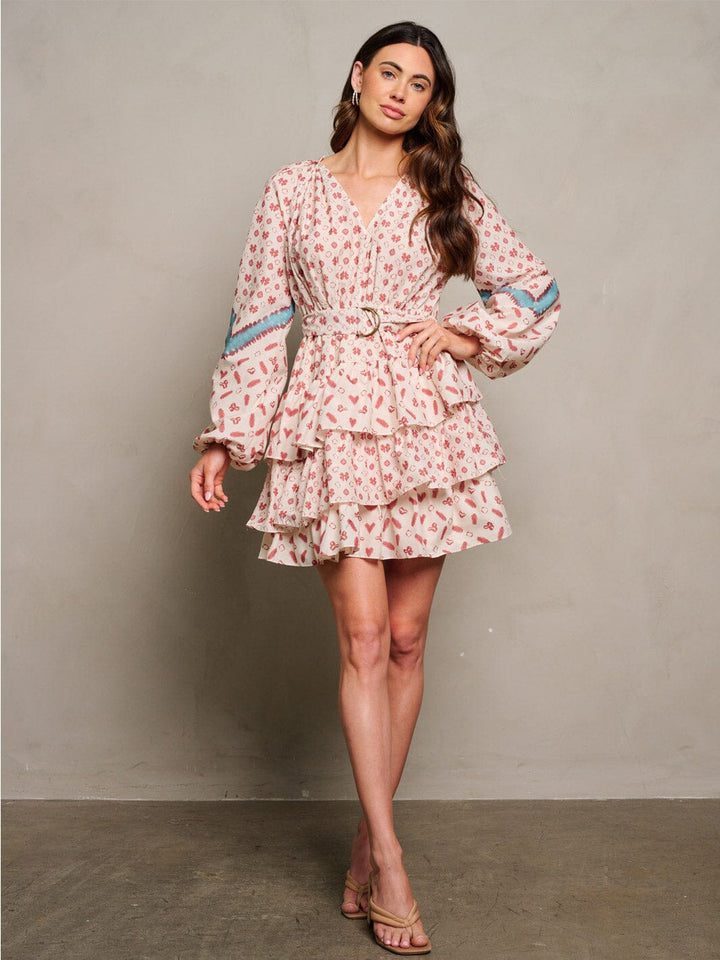 WOMEN'S LONG SLEEVE V-NECK RUFFLE TIERED MULTI PRINT MINI DRESS