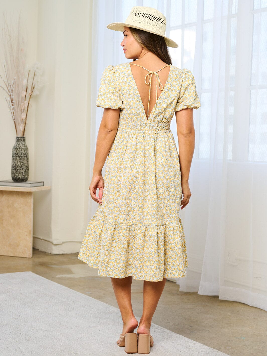 WOMEN'S SHORT PUFF SLEEVE V-NECK FLORAL MIDI DRESS