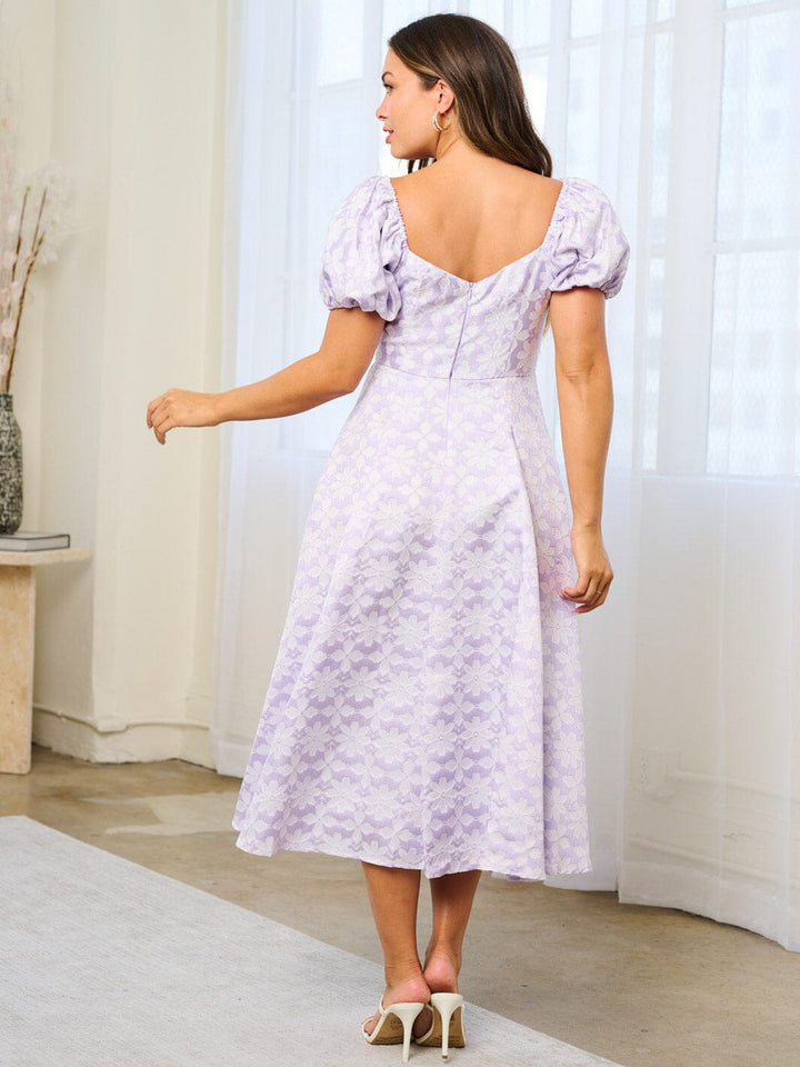 WOMEN'S SHORT PUFF SLEEVE SQUARE NECK FLORAL MIDI DRESS