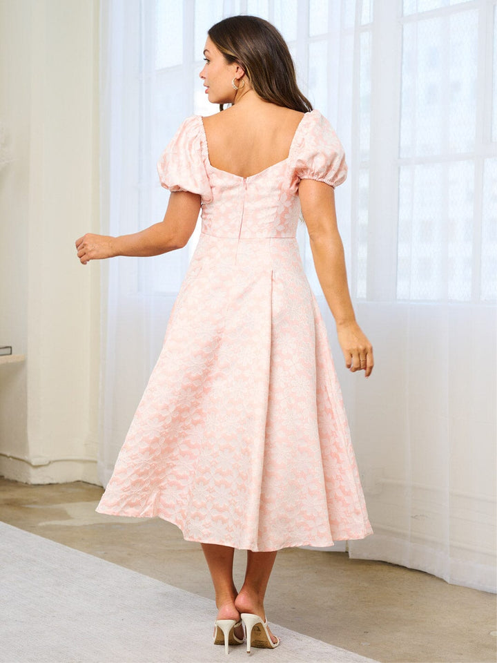WOMEN'S SHORT PUFF SLEEVE SQUARE NECK FLORAL MIDI DRESS