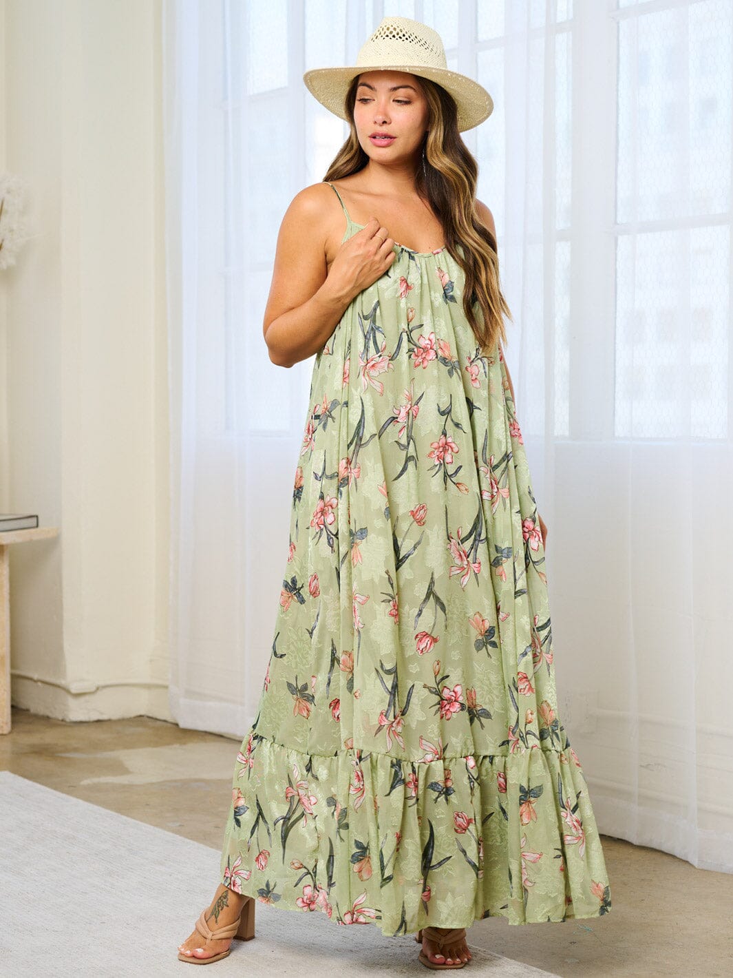 WOMEN'S SLEEVELESS OPEN BACK POCKETS TUNIC FLORAL MAXI DRESS