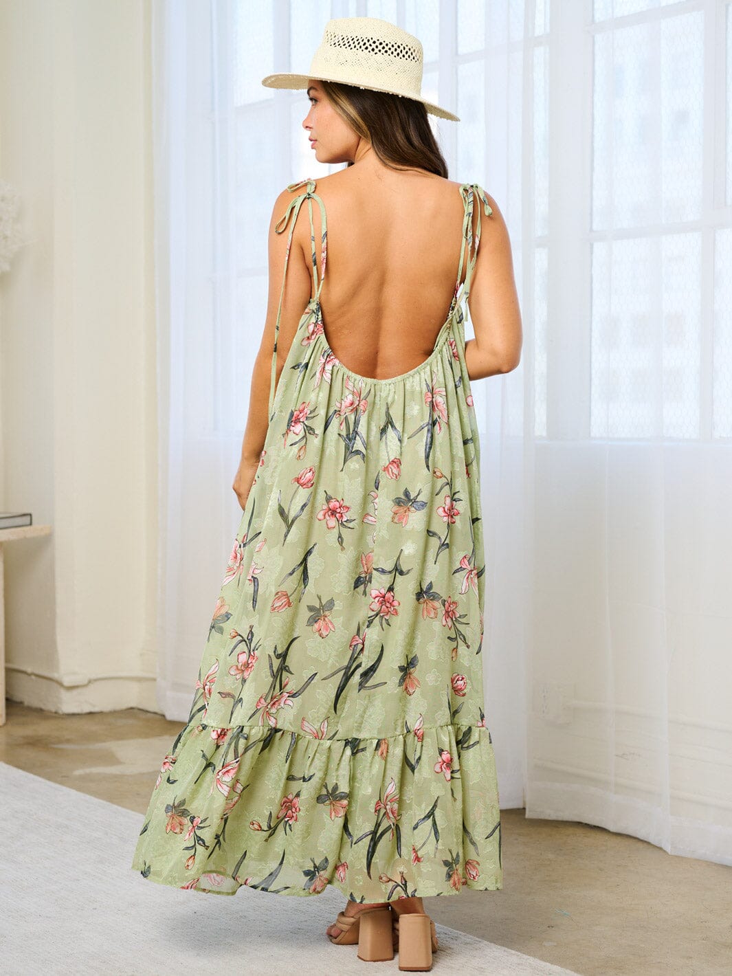 WOMEN'S SLEEVELESS OPEN BACK POCKETS TUNIC FLORAL MAXI DRESS