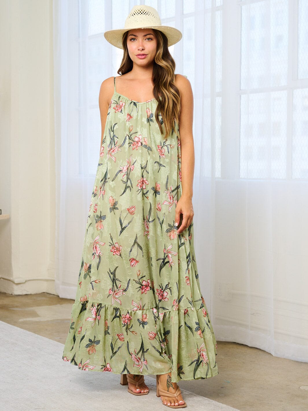 WOMEN'S SLEEVELESS OPEN BACK POCKETS TUNIC FLORAL MAXI DRESS