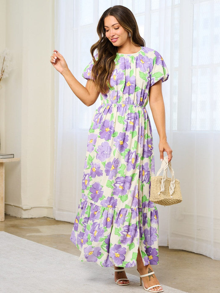 WOMEN'S SHORT SLEEVE OPEN BACK FRONT SLIT FLORAL MAXI DRESS