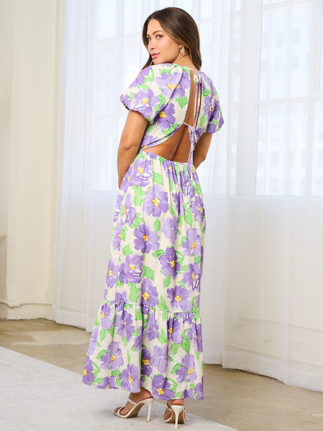 WOMEN'S SHORT SLEEVE OPEN BACK FRONT SLIT FLORAL MAXI DRESS