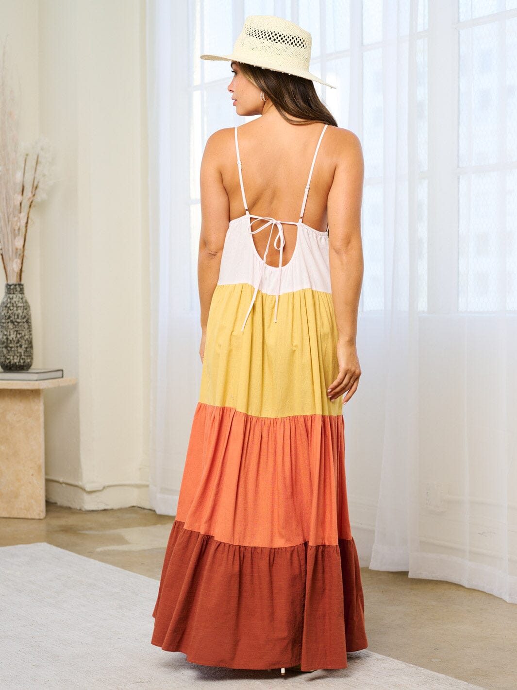 WOMEN'S SLEEVELESS OPEN BACK V-NECK TIERED COLORBLOCK MAXI DRESS