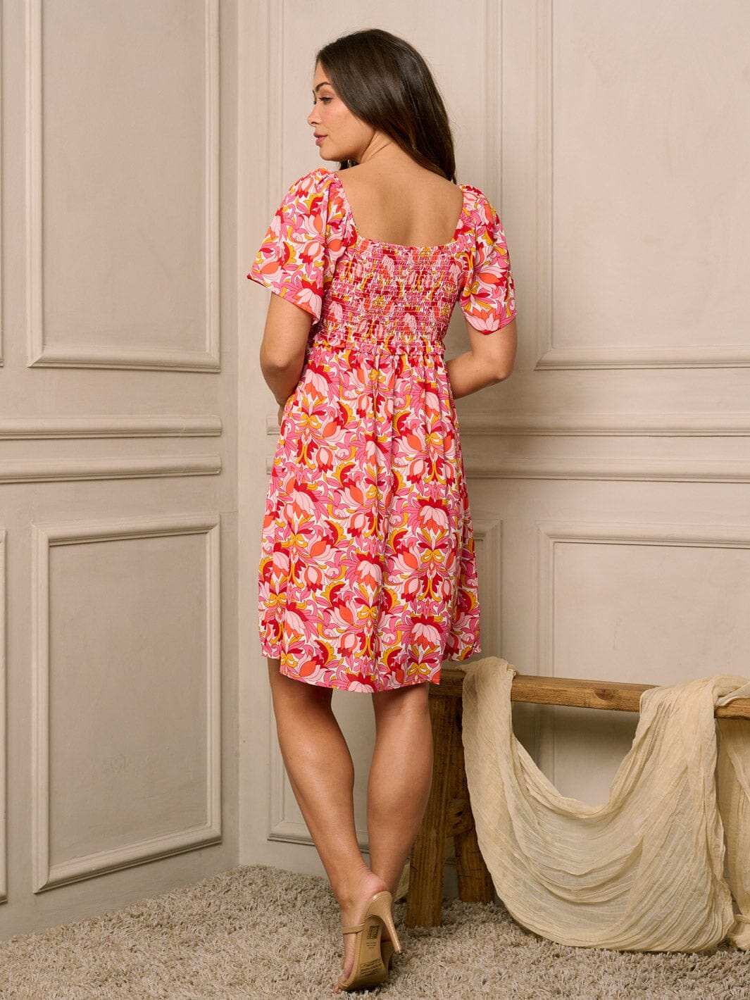 WOMEN'S SHORT SLEEVE SMOCK MULTI PRINT MINI DRESS