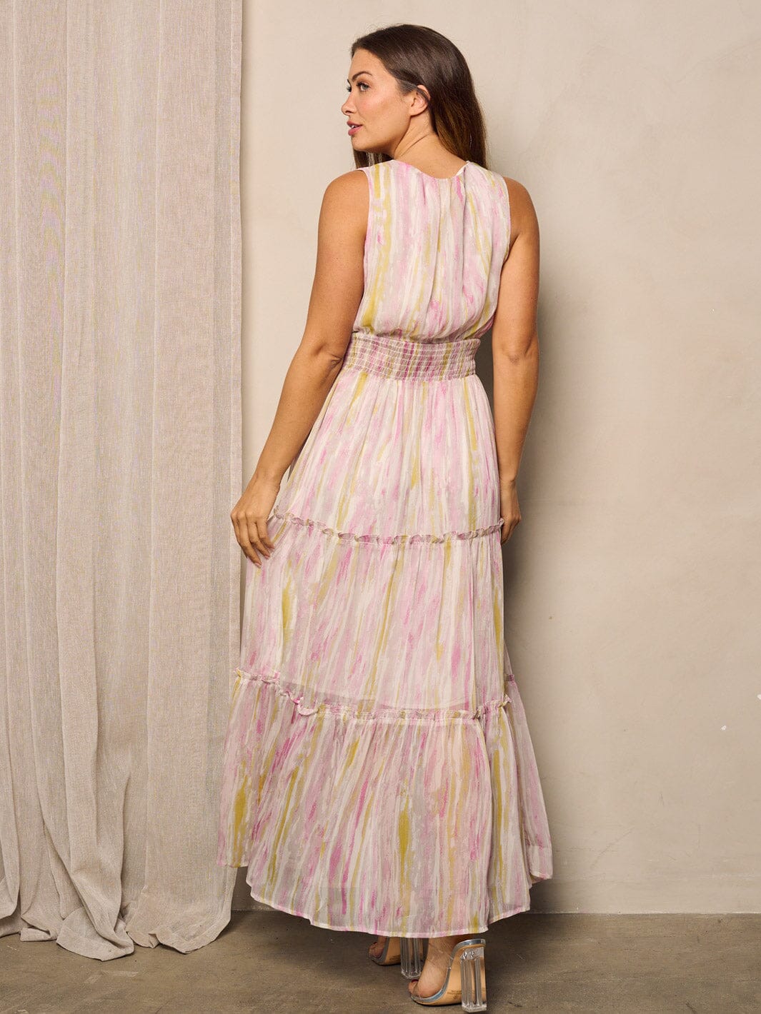 WOMEN'S SLEEVELESS V-NECK TIERED MULTI COLORS MAXI DRESS