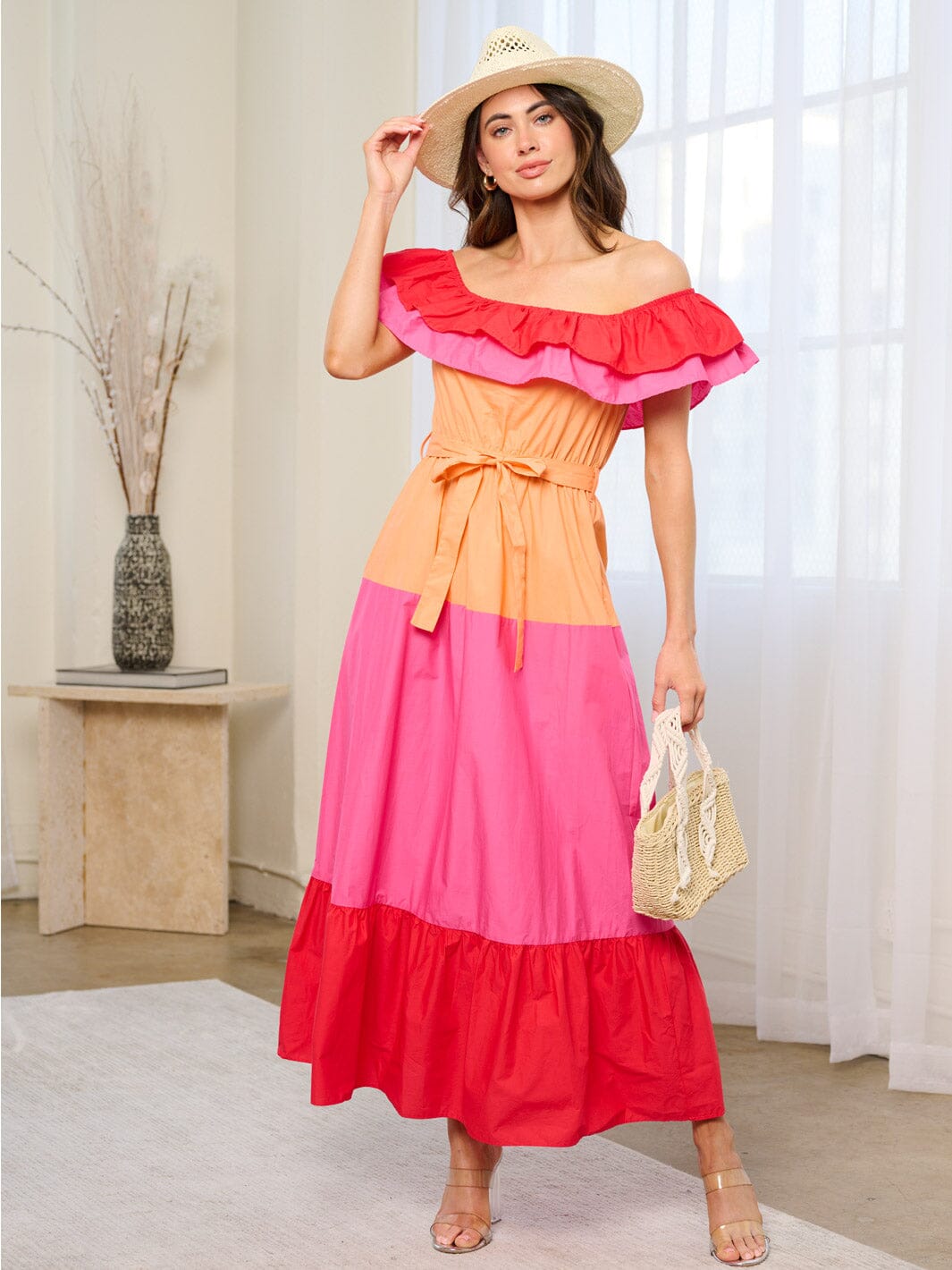WOMEN'S OFF SHOULDER RUFFLE TIERES COLORBLOCK POCKETS MAXI DRESS