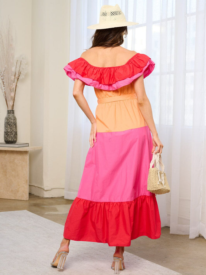 WOMEN'S OFF SHOULDER RUFFLE TIERES COLORBLOCK POCKETS MAXI DRESS