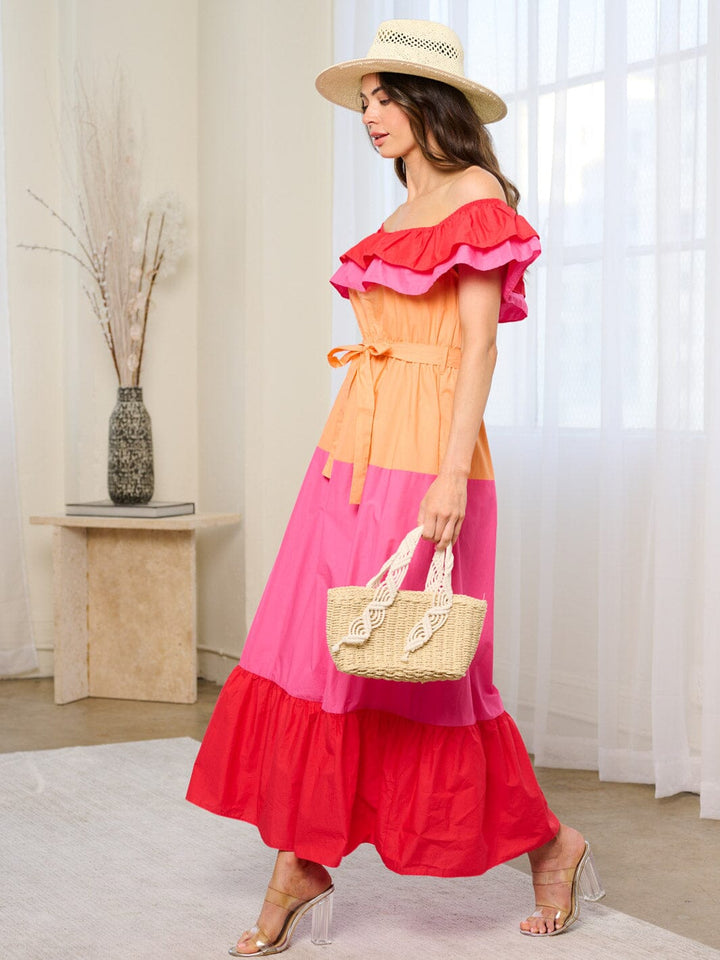 WOMEN'S OFF SHOULDER RUFFLE TIERES COLORBLOCK POCKETS MAXI DRESS