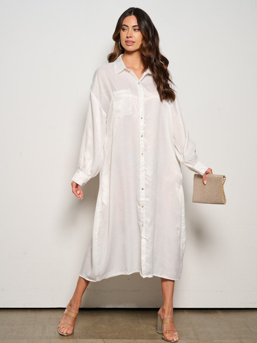 WOMEN'S LONG SLEEVE BUTTON UP FRONT POCKET TUNIC MAXI DRESS
