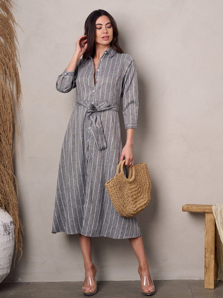 WOMEN'S 3/4 SLEEVE BUTTON UP STRIPES MIDI DRESS