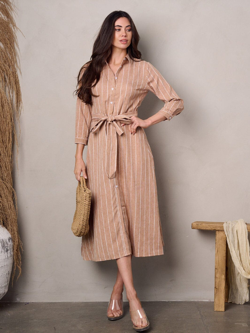 WOMEN'S 3/4 SLEEVE BUTTON UP STRIPES MIDI DRESS