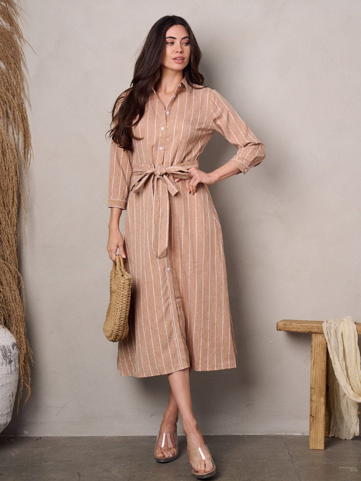 WOMEN'S 3/4 SLEEVE BUTTON UP STRIPES MIDI DRESS