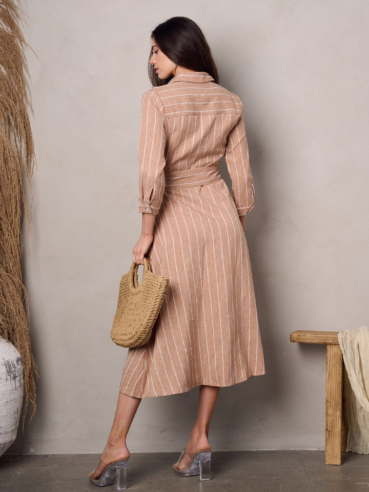 WOMEN'S 3/4 SLEEVE BUTTON UP STRIPES MIDI DRESS