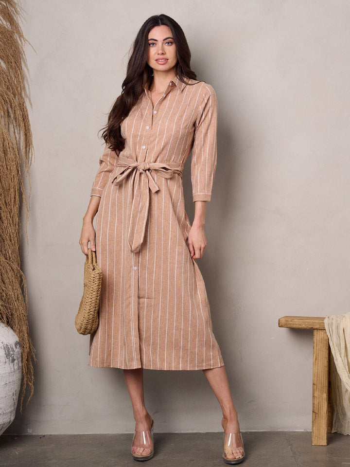 WOMEN'S 3/4 SLEEVE BUTTON UP STRIPES MIDI DRESS