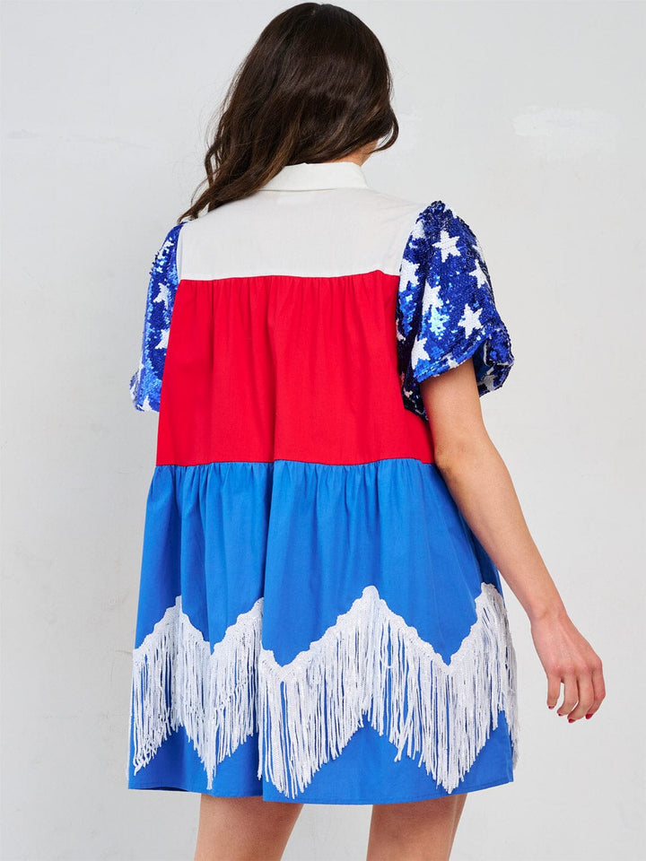 WOMEN'S SHORT SEQUINS SLEEVE FRONT POCKETS BUTTON CLOSURE COLORBLOCK PATRIOTIC MINI DRESS