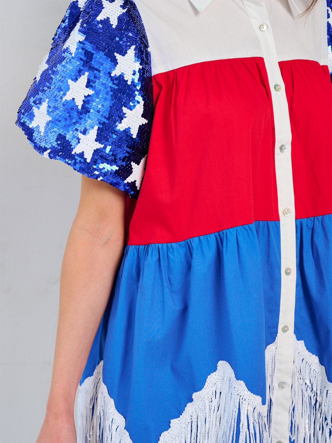 WOMEN'S SHORT SEQUINS SLEEVE FRONT POCKETS BUTTON CLOSURE COLORBLOCK PATRIOTIC MINI DRESS