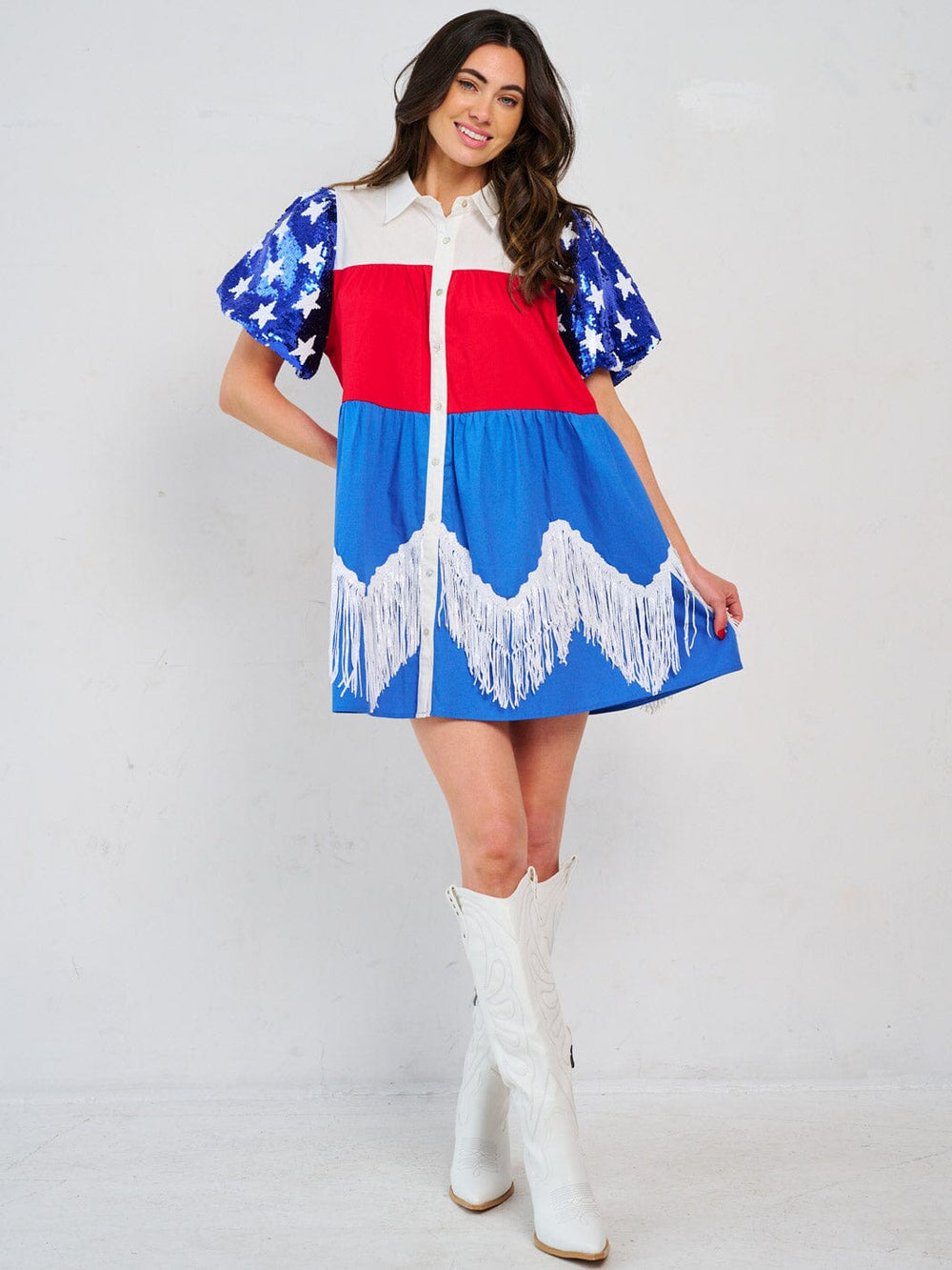 WOMEN'S SHORT SEQUINS SLEEVE FRONT POCKETS BUTTON CLOSURE COLORBLOCK PATRIOTIC MINI DRESS