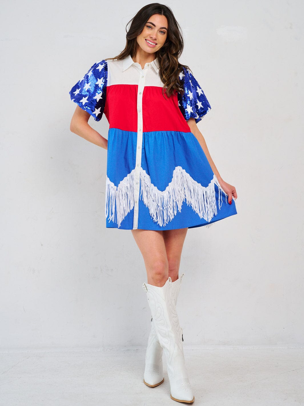 WOMEN'S SHORT SEQUINS SLEEVE FRONT POCKETS BUTTON CLOSURE COLORBLOCK PATRIOTIC MINI DRESS