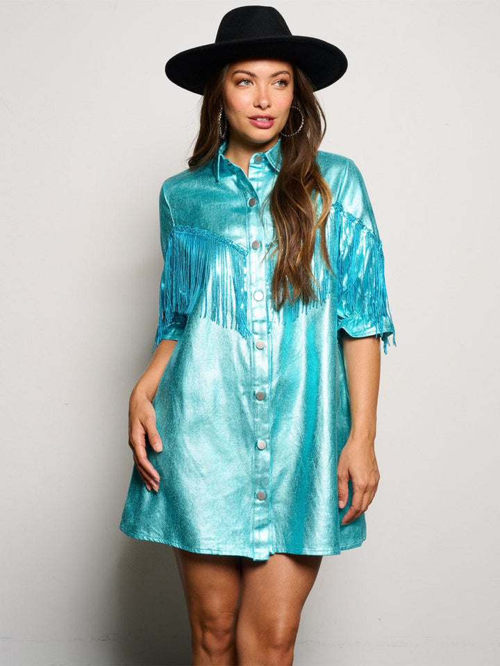 WOMEN'S SHORT SLEEVE BUTTON UP FRINGE SHIMMER MINI DRESS