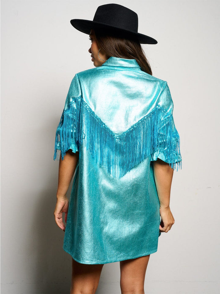 WOMEN'S SHORT SLEEVE BUTTON UP FRINGE SHIMMER MINI DRESS