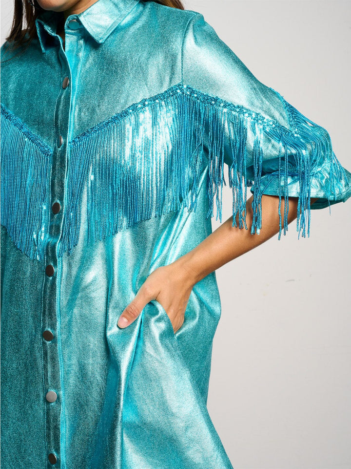 WOMEN'S SHORT SLEEVE BUTTON UP FRINGE SHIMMER MINI DRESS
