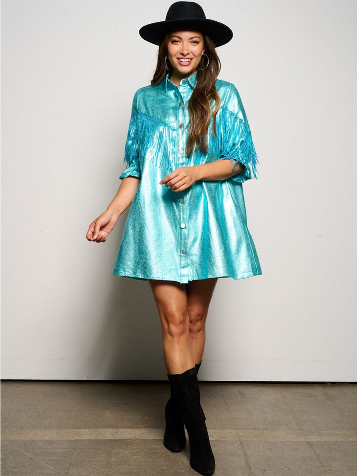 WOMEN'S SHORT SLEEVE BUTTON UP FRINGE SHIMMER MINI DRESS