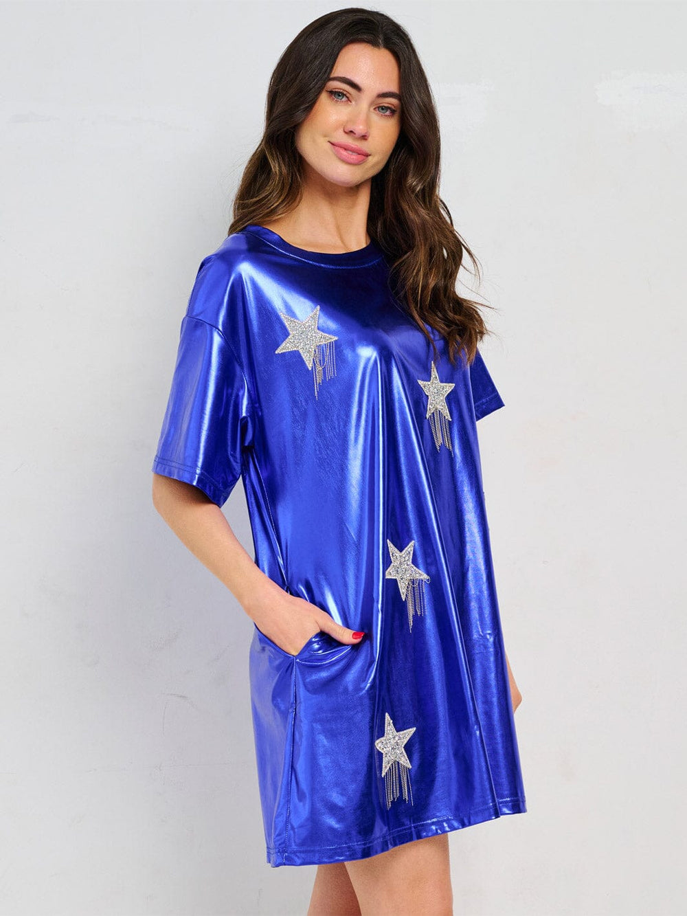 WOMEN'S SHORT SLEEVE FRONT POCKETS METALLIC STARS MINI DRESS