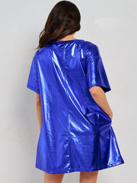WOMEN'S SHORT SLEEVE FRONT POCKETS METALLIC STARS MINI DRESS