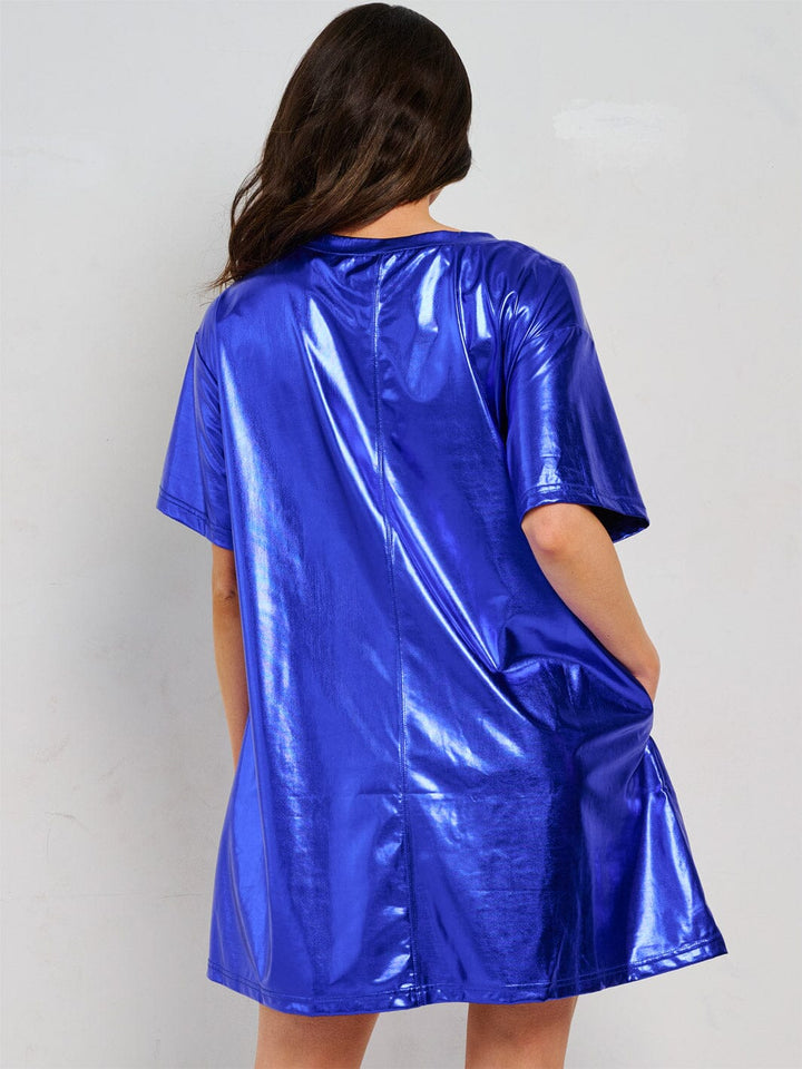 WOMEN'S SHORT SLEEVE FRONT POCKETS METALLIC STARS MINI DRESS